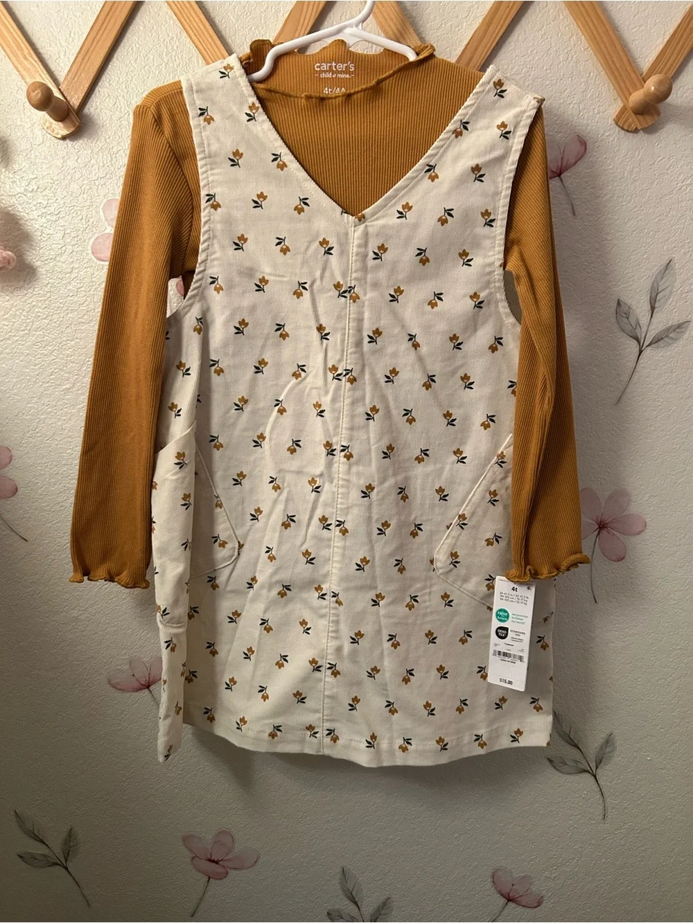 Carter's Mustard Ribbed Top with Cream Floral Pinafore Set